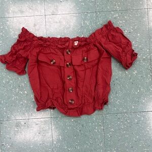 Wishful park orange scrunched off the shoulder crop top